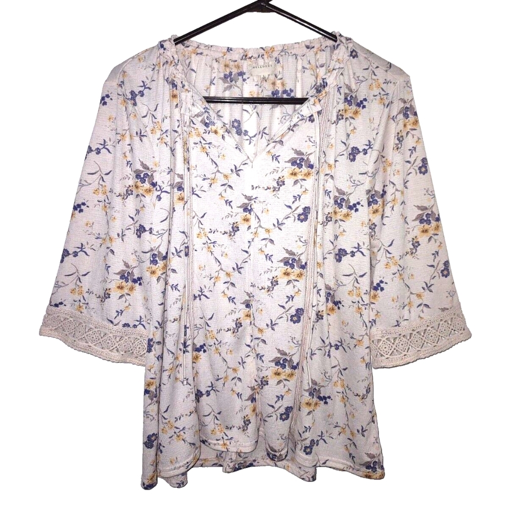 Melloday Floral Cream Tunic 3/4 Sleeve Flowy Casual Blouse Top Women's Size M